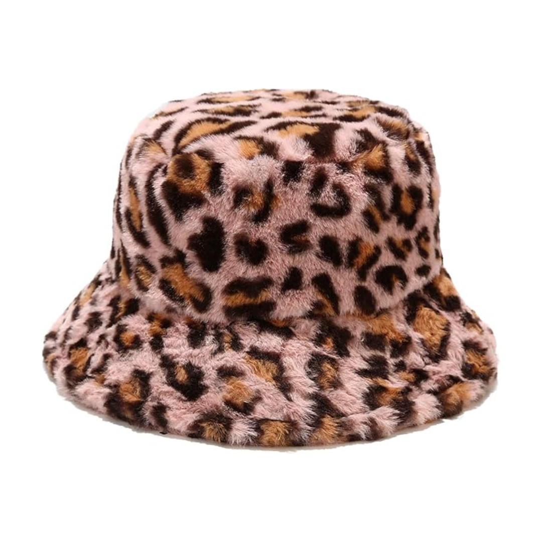 Leopard Print Fluffy Bucket Hat Pink