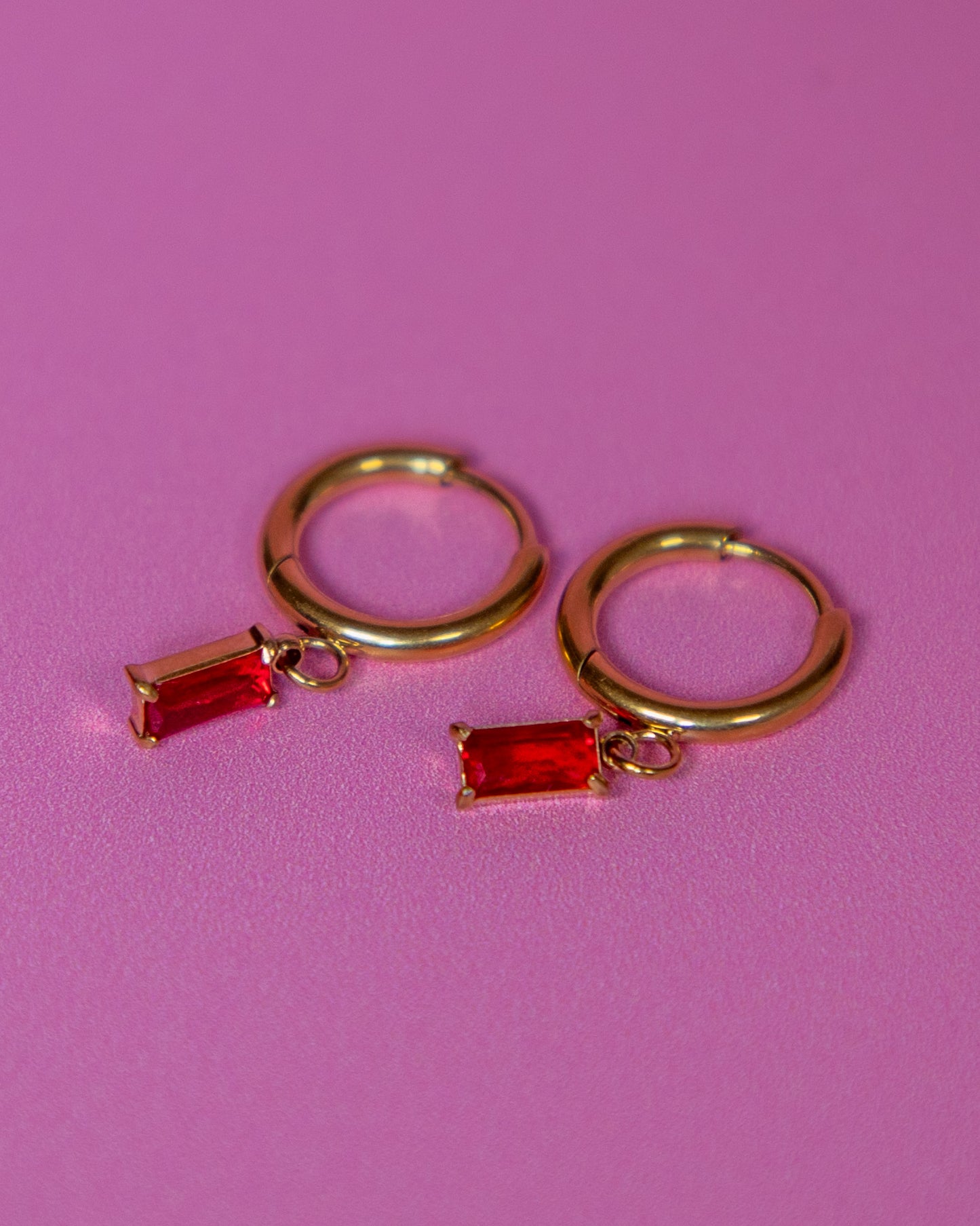 Huggie Hoop Red Crystal Earrings 18k Gold