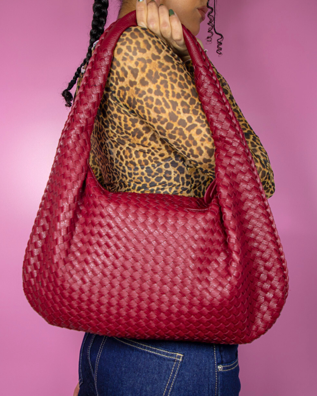 Woven Shoulder Bag Burgundy Red