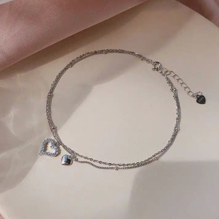Layered Heart Pendant Anklet Sterling Silver