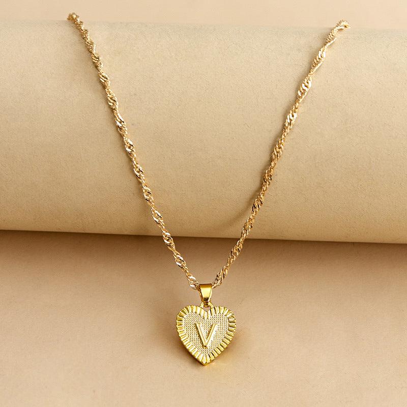 Heart Pendant Initial Letter Necklace Gold