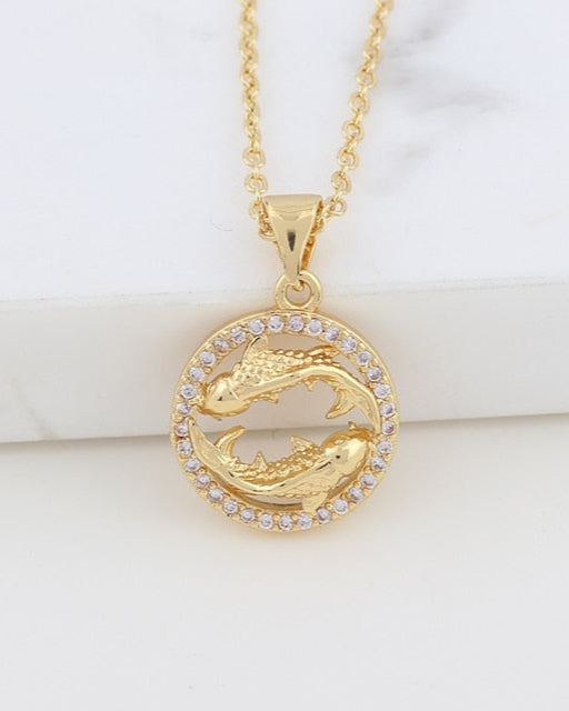 Zodiac Sign Crystal Pendant Necklace Gold