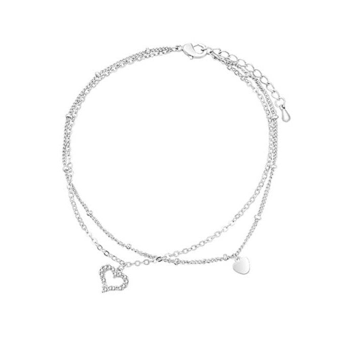 Layered Heart Pendant Anklet Sterling Silver