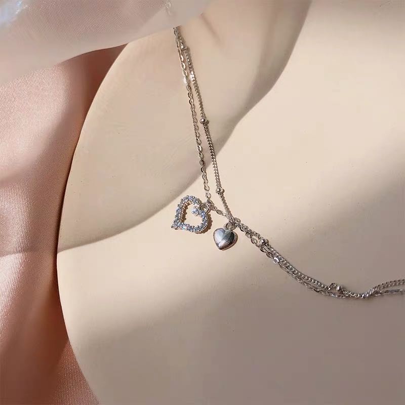 Layered Heart Pendant Anklet Sterling Silver