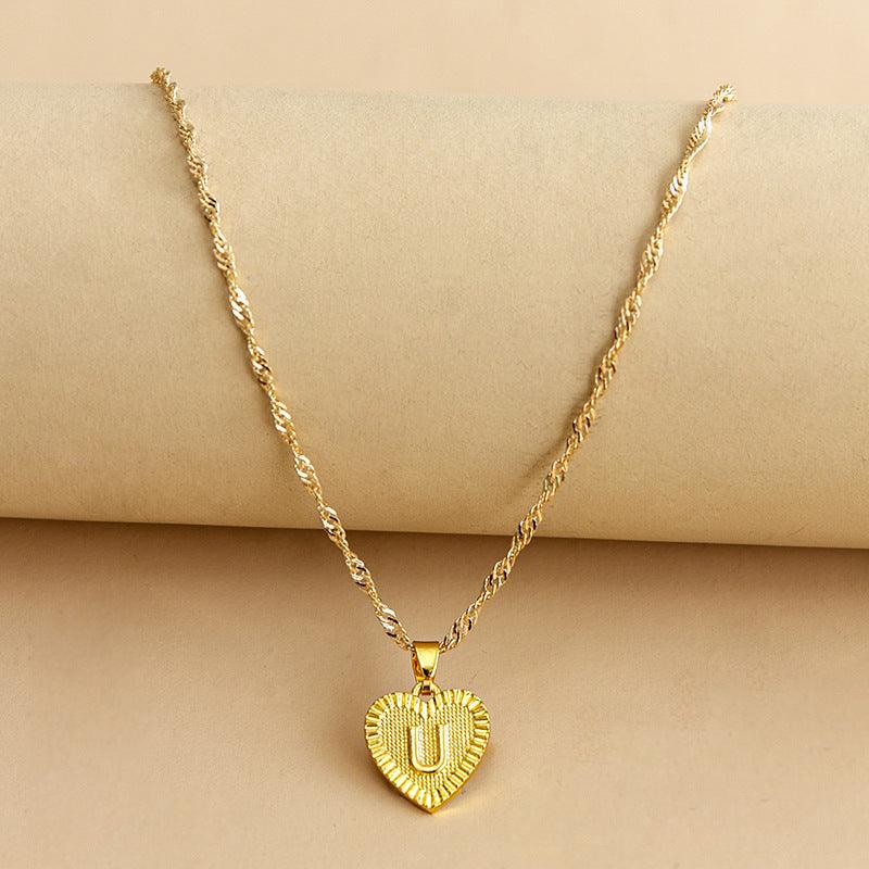 Heart Pendant Initial Letter Necklace Gold