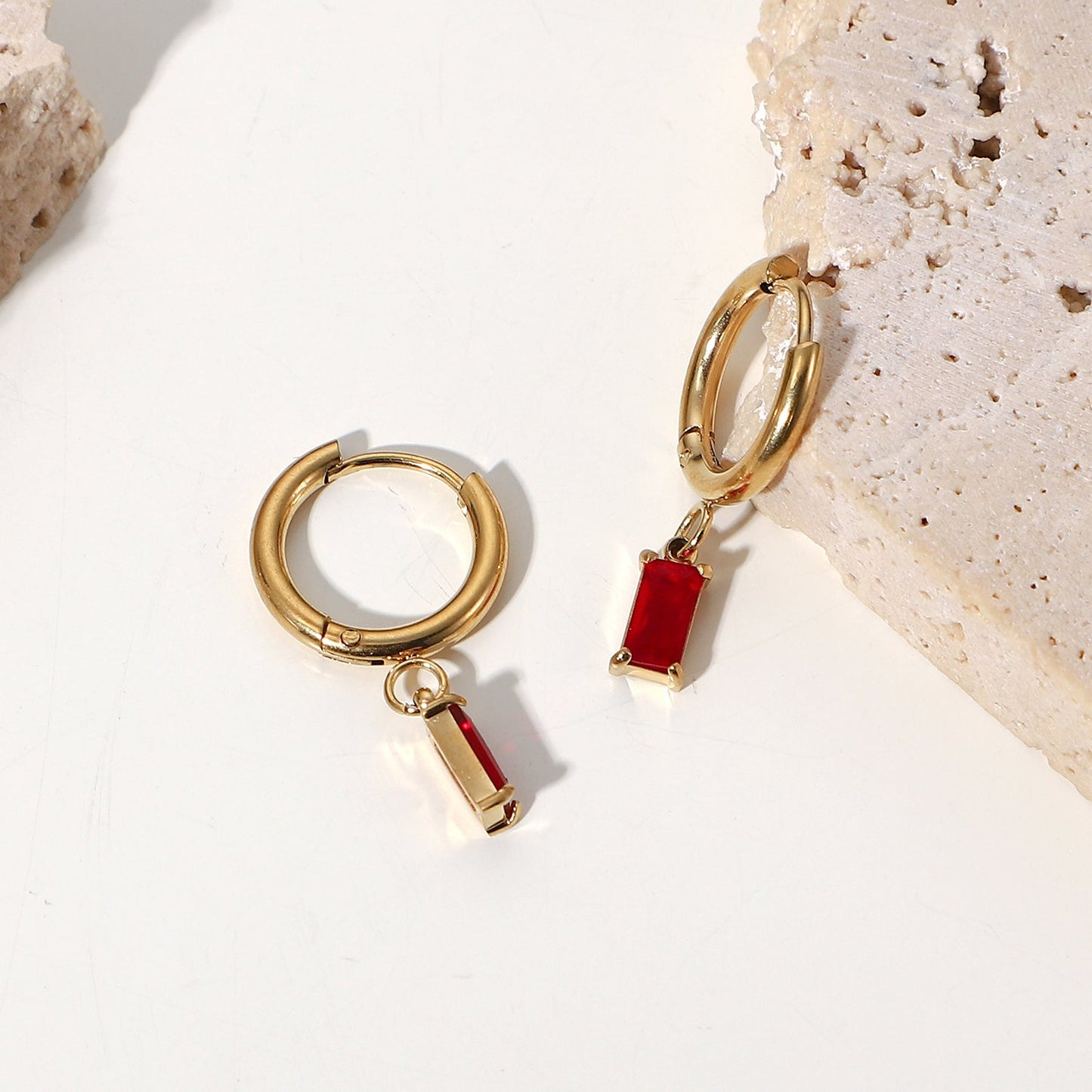 Huggie Hoop Red Crystal Earrings 18k Gold