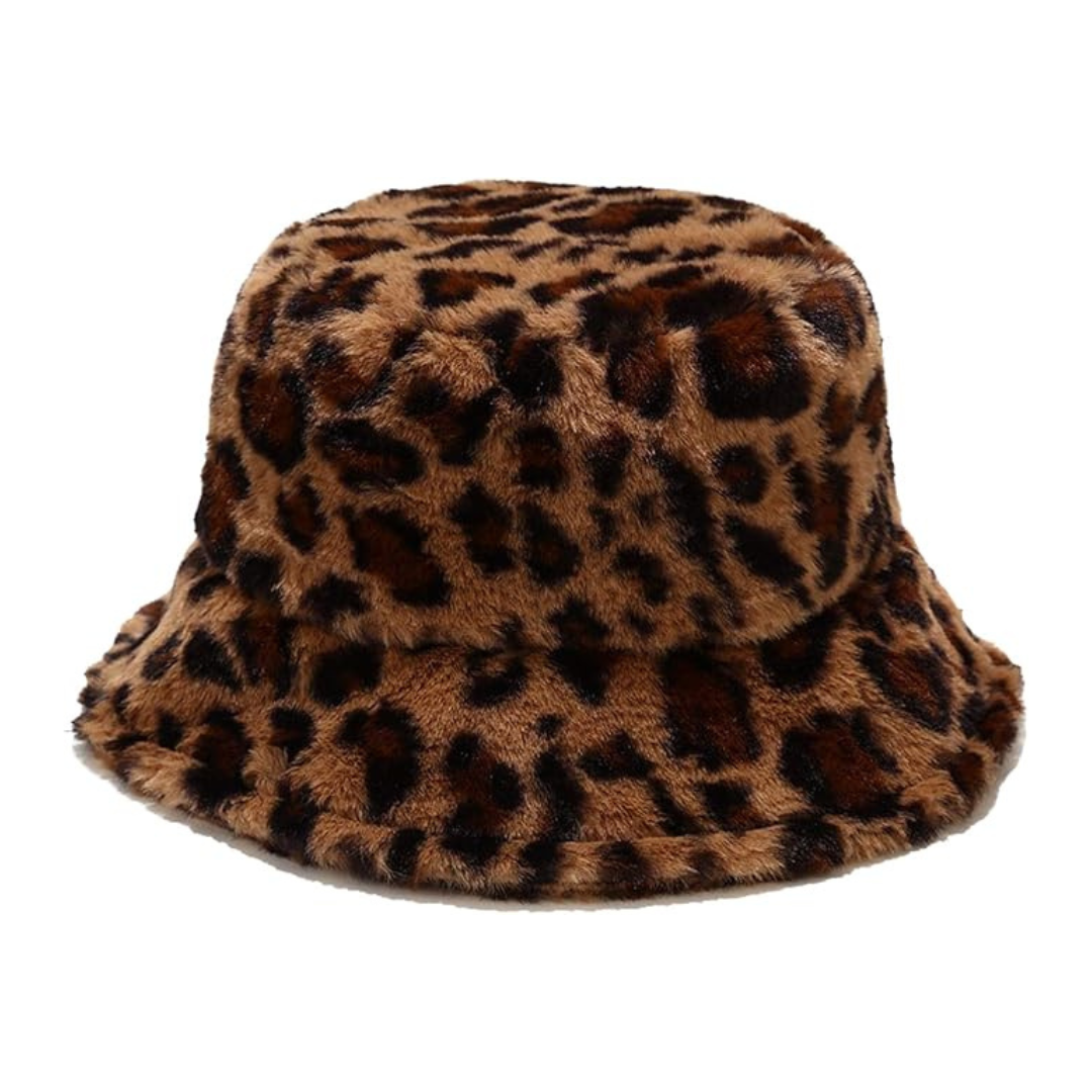 Leopard Print Fluffy Bucket Hat Brown