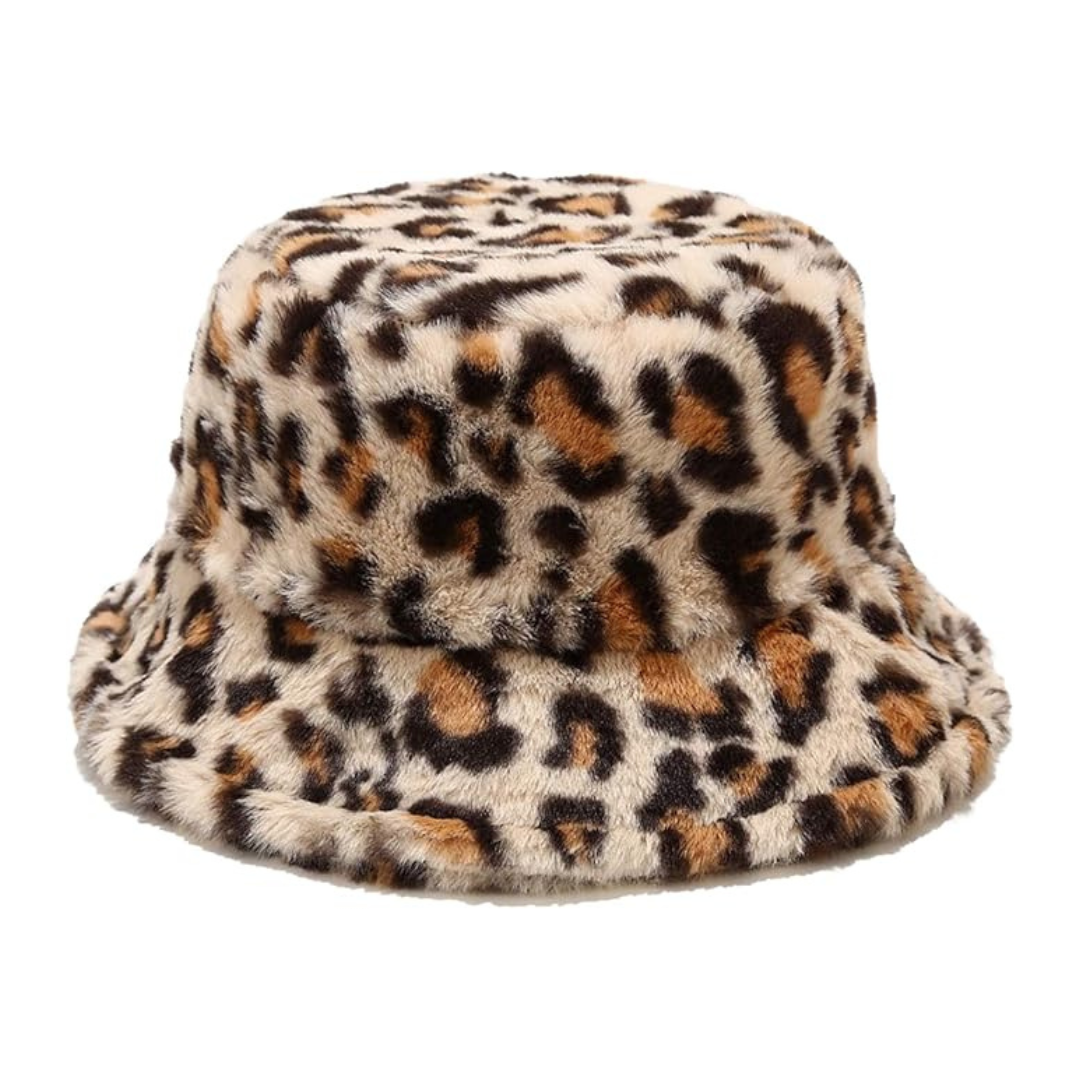 Leopard Print Fluffy Bucket Hat Beige