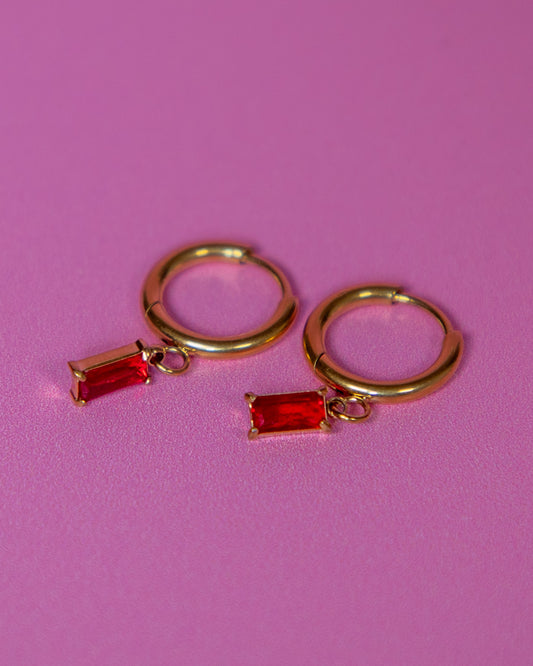 Huggie Hoop Red Crystal Earrings 18k Gold