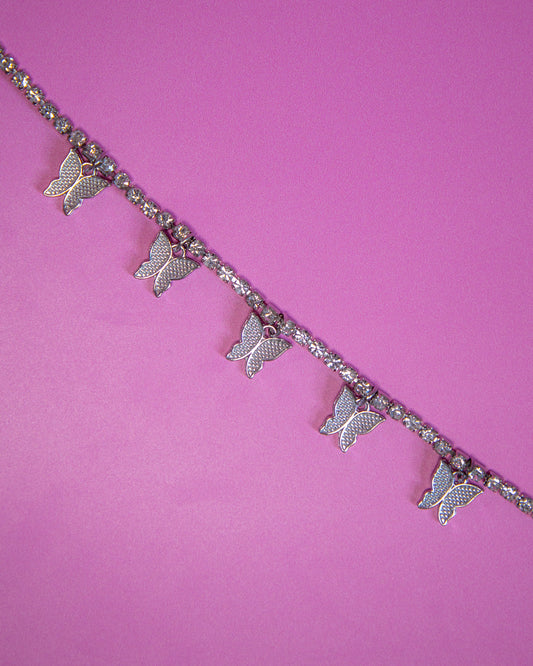 Tennis Butterfly Rhinestone Anklet Silver