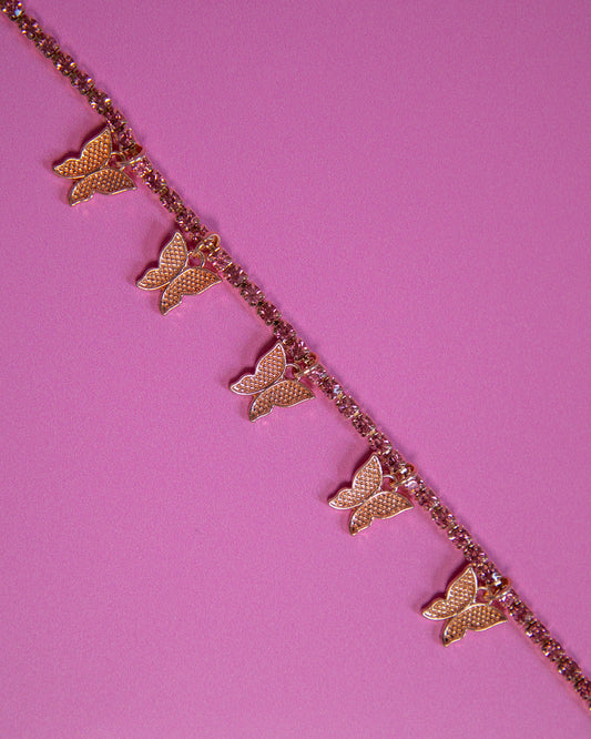 Tennis Butterfly Rhinestone Anklet Rose Gold
