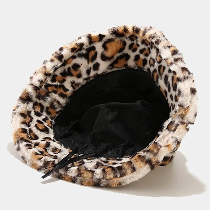 Leopard Print Fluffy Bucket Hat Beige