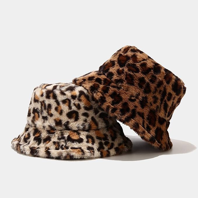 Leopard Print Fluffy Bucket Hat Brown