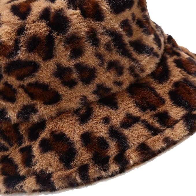 Leopard Print Fluffy Bucket Hat Brown