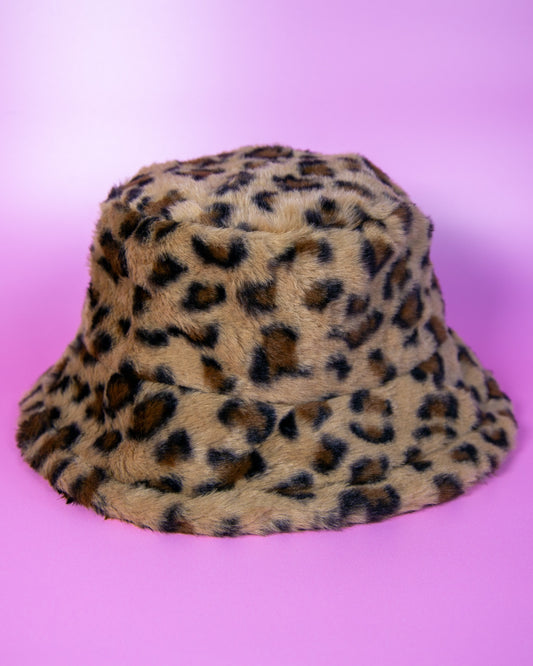 Leopard Print Fluffy Bucket Hat Brown