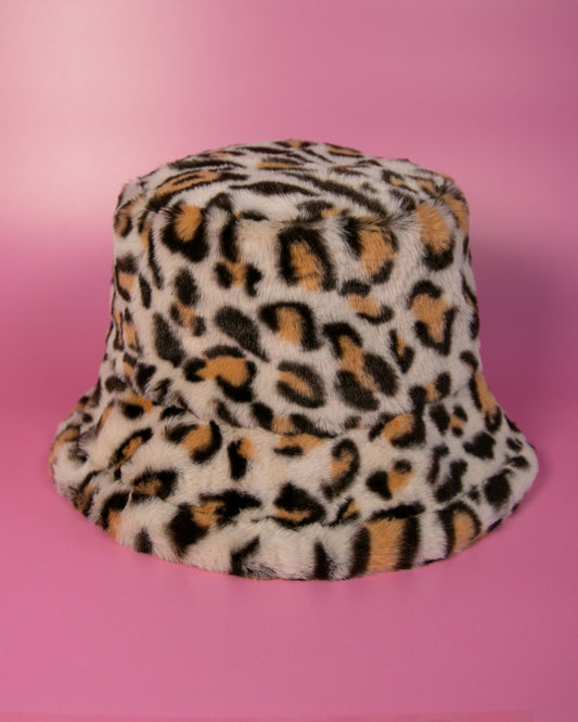 Leopard Print Fluffy Bucket Hat Beige