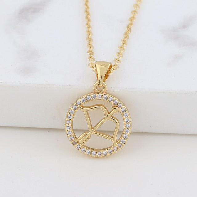 Zodiac Sign Crystal Pendant Necklace Gold