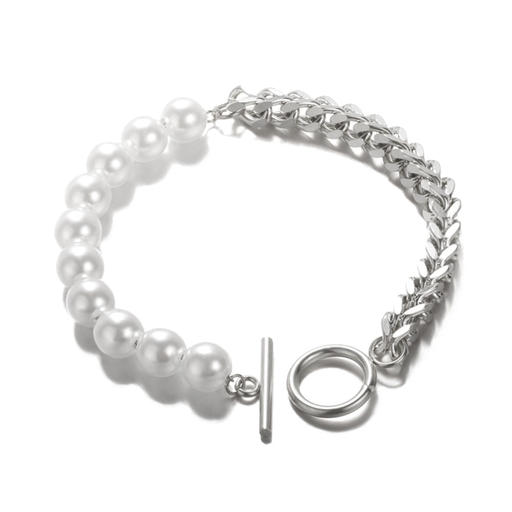 Pearl & Chain T-Bar Bracelet Silver