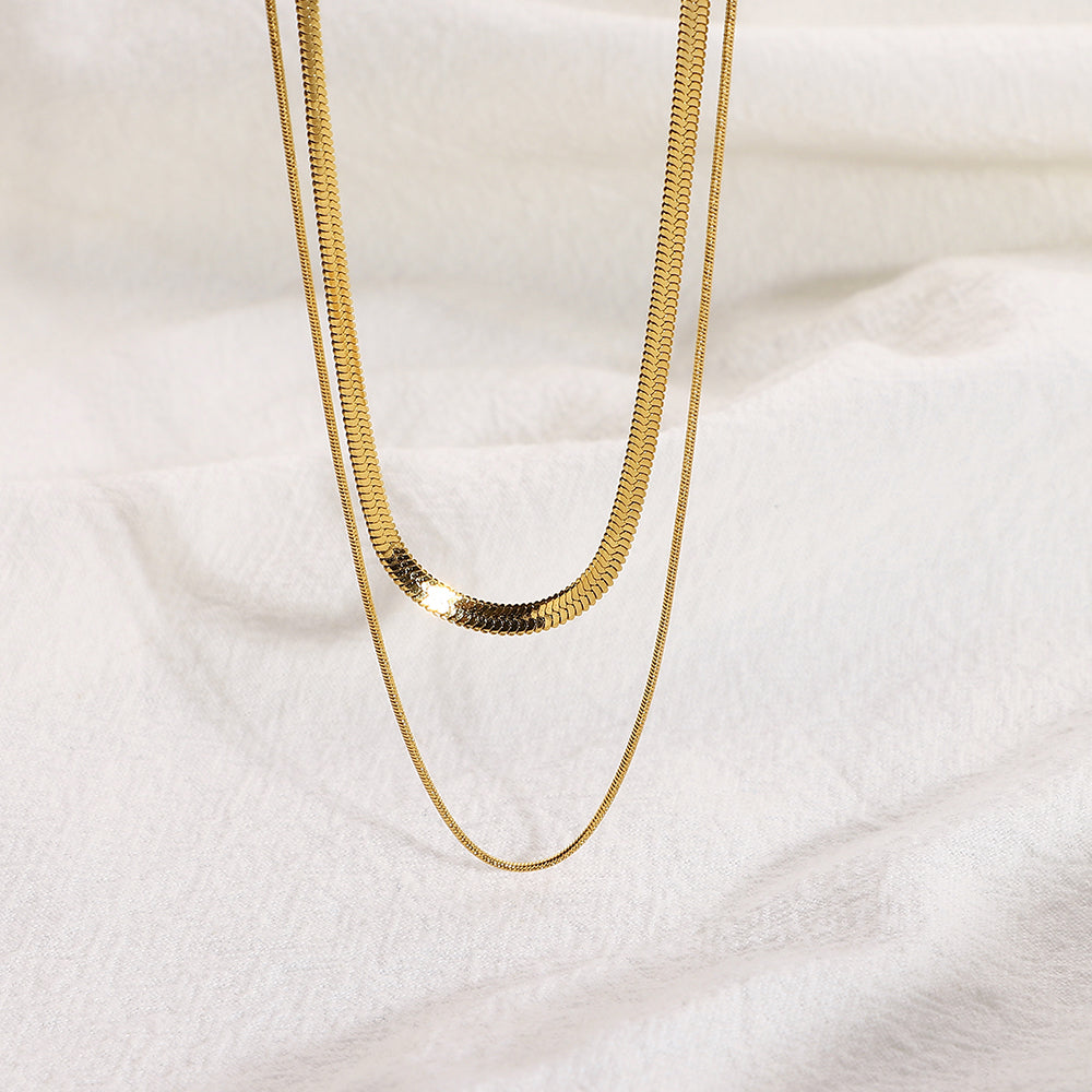 Layered Herringbone Snake Necklace 18k Gold