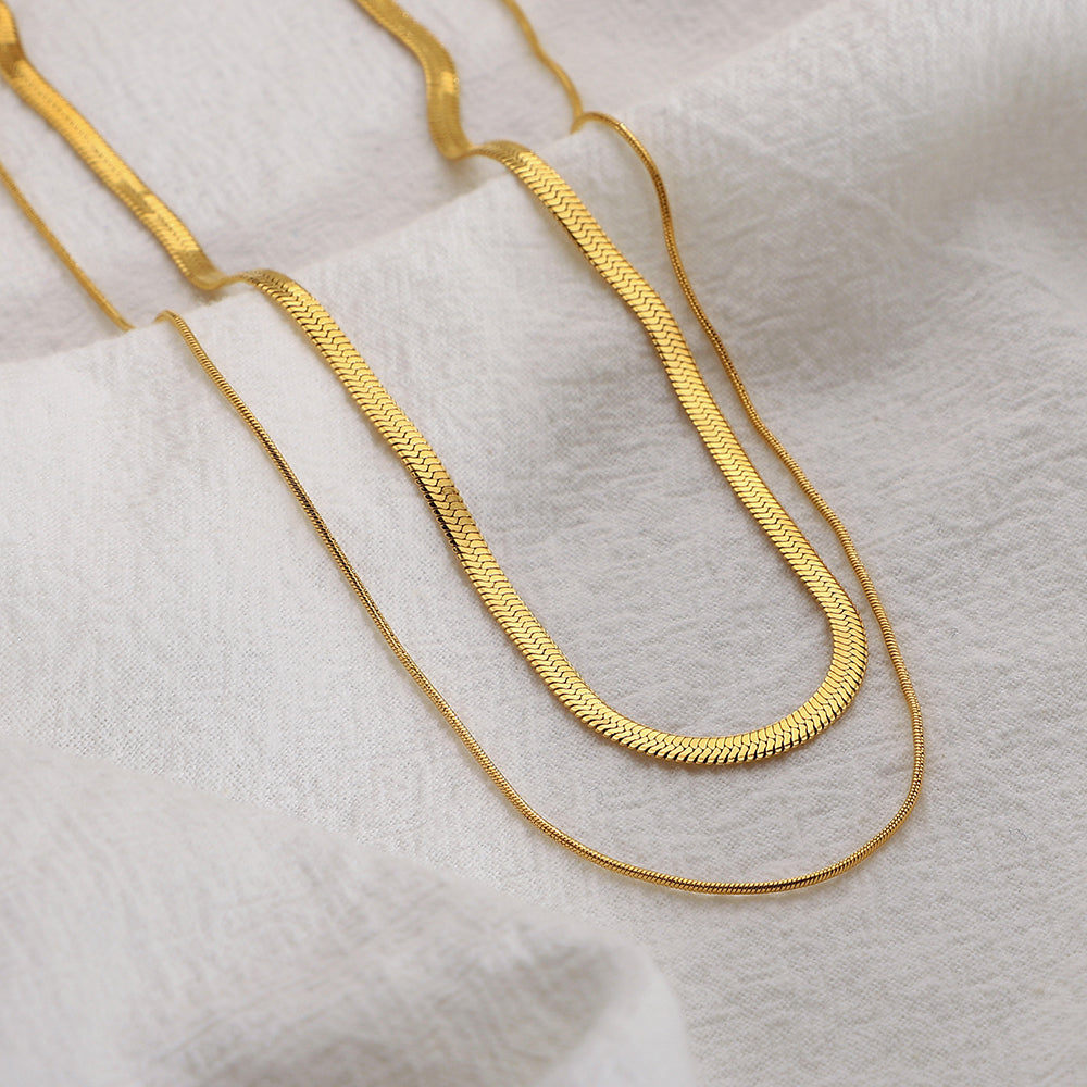 Layered Herringbone Snake Necklace 18k Gold