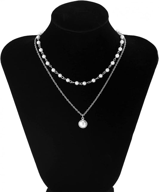 Layered Pearl Choker Necklace Silver