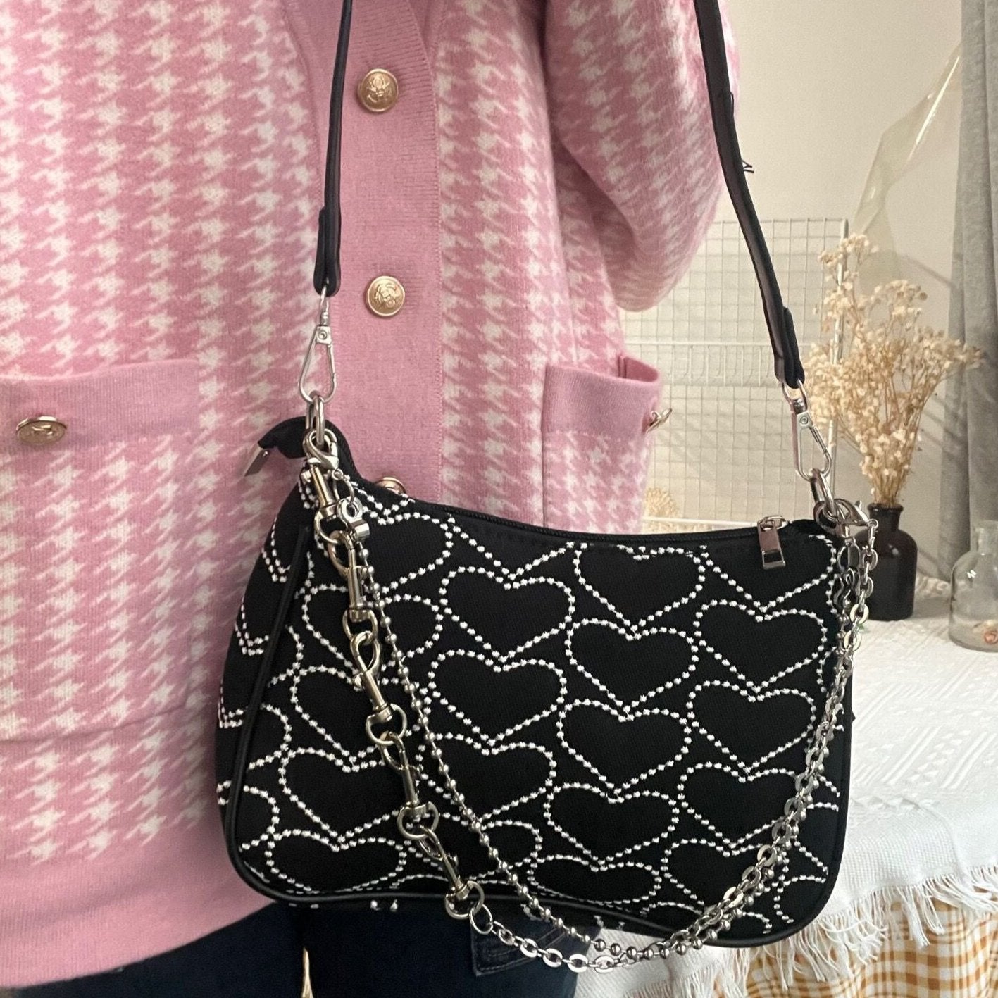 Heart Pattern Multi Way Chain Strap Bag Black