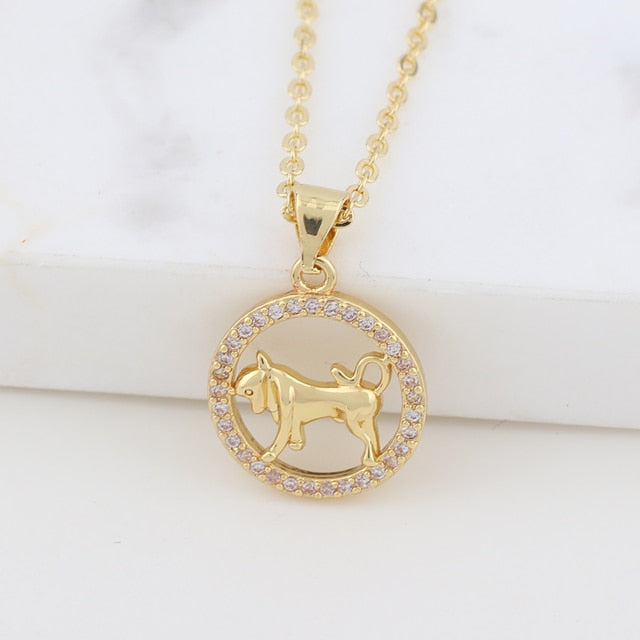 Zodiac Sign Crystal Pendant Necklace Gold