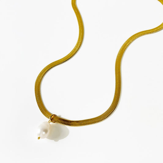 Pearl Pendant Herringbone Snake Necklace 18k Gold