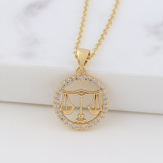 Zodiac Sign Crystal Pendant Necklace Gold