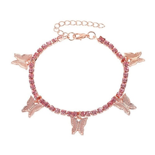 Tennis Butterfly Rhinestone Anklet Rose Gold