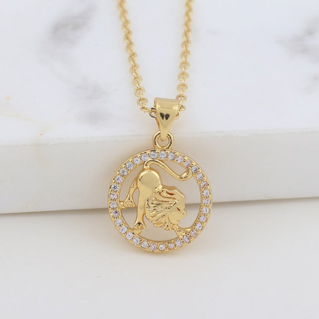 Zodiac Sign Crystal Pendant Necklace Gold