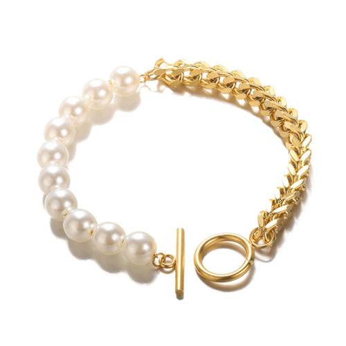 Pearl & Chain T-Bar Bracelet Gold