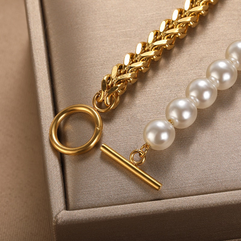 Pearl & Chain T-Bar Bracelet Gold