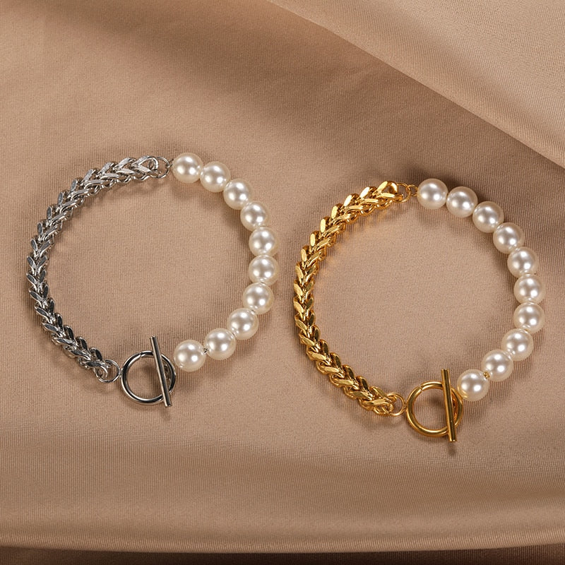 Pearl & Chain T-Bar Bracelet Silver