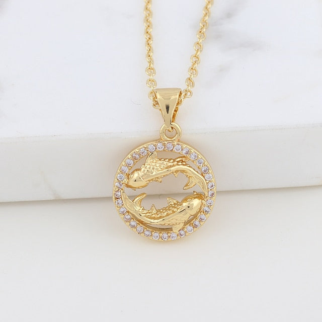 Zodiac Sign Crystal Pendant Necklace Gold