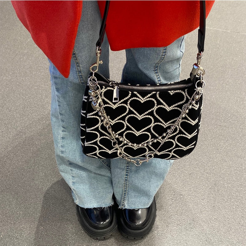 Heart Pattern Multi Way Chain Strap Bag Black