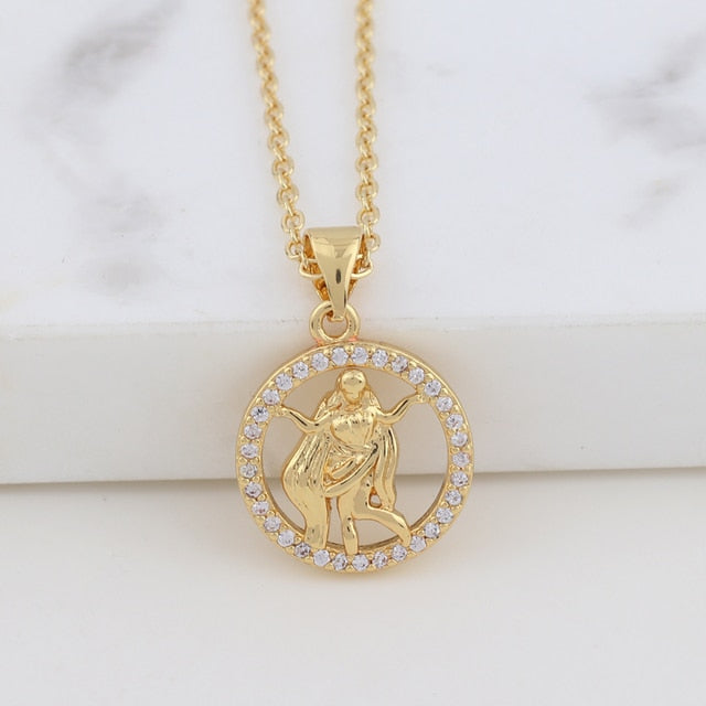 Zodiac Sign Crystal Pendant Necklace Gold