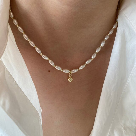 Beaded Rice Pearl Choker Necklace Gold