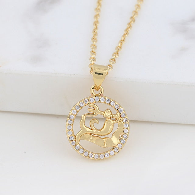 Zodiac Sign Crystal Pendant Necklace Gold