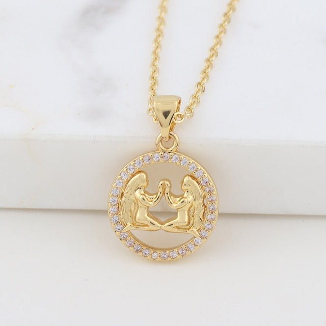 Zodiac Sign Crystal Pendant Necklace Gold