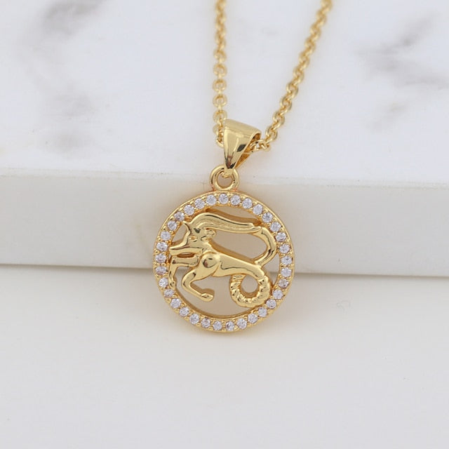 Zodiac Sign Crystal Pendant Necklace Gold