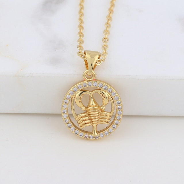 Zodiac Sign Crystal Pendant Necklace Gold