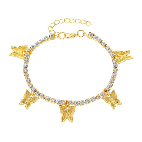 Tennis Butterfly Rhinestone Anklet Gold