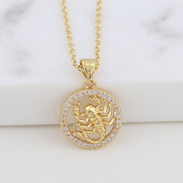 Zodiac Sign Crystal Pendant Necklace Gold