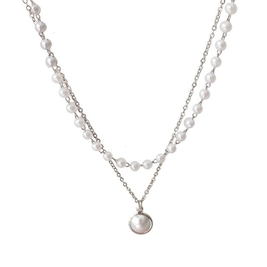 Layered Pearl Choker Necklace Silver