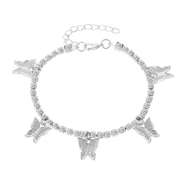 Tennis Butterfly Rhinestone Anklet Silver