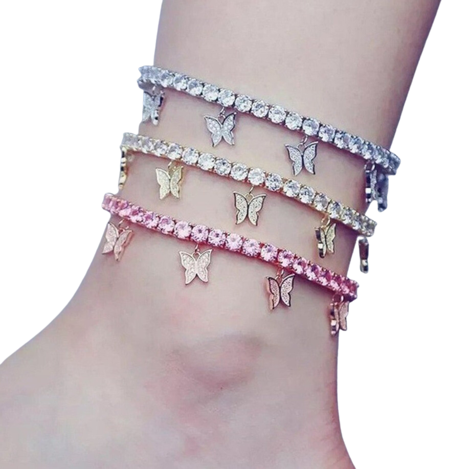 Tennis Butterfly Rhinestone Anklet Gold